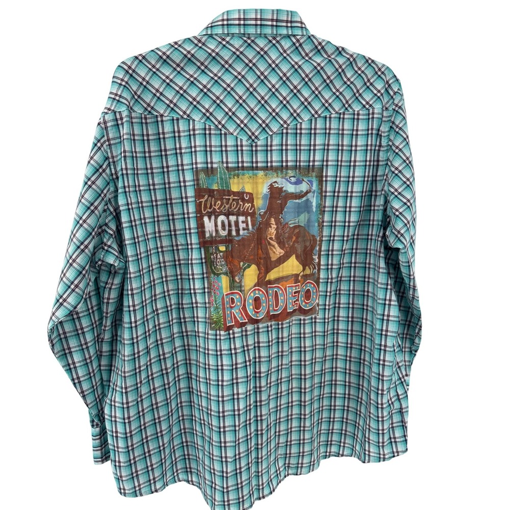 Rare Wrangler Western Shirt 2XL Motel Rodeo Graphics Pearl Snap Plaid Turquoise
